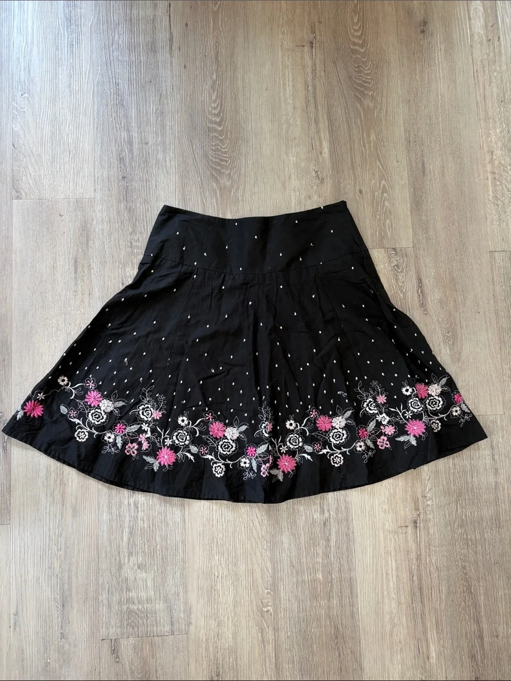 Black Circle Skirt with Pink Floral Embroidery
